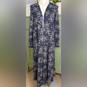 LuLaRoe Royal Blue and Cream Rose Patterned Duster w Open Front & Large Pockets
